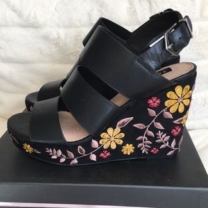 torrid Black Leather Floral Embroidered Wedge Sandals